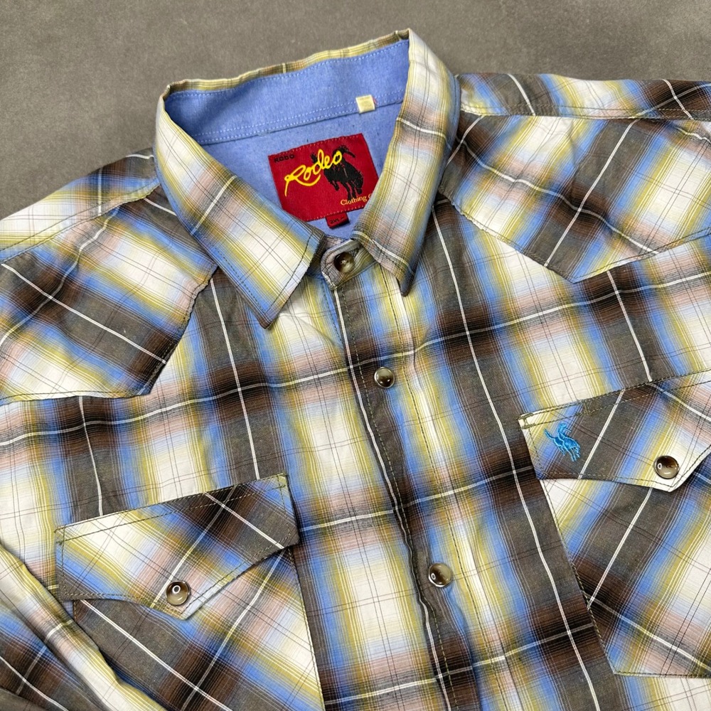 Rodeo Clothing Co Western Shirt Mens 2XLT Blue Plaid Pearl Snap Excellent
